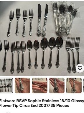 RSVP Stainless Flatware Set in Silver Polish - Floral Tip Pattern